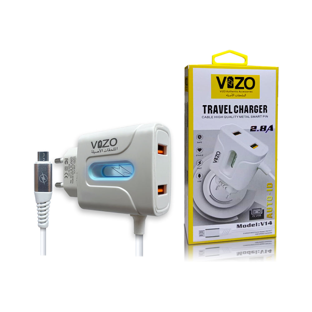 VIZO V14 Fast Charger 2.8A With Copper Connector | Android Mobile Phone Charging Adapter with Usb Data cable