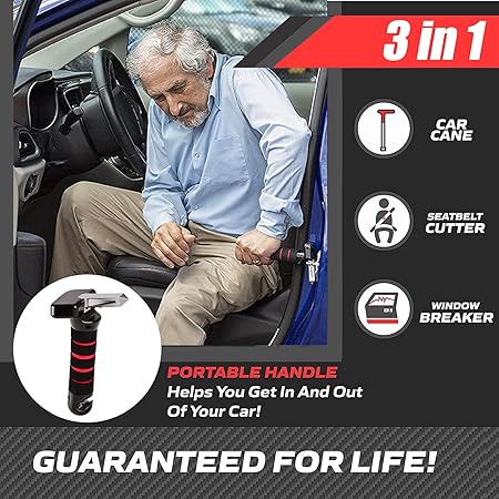 3 in 1 Car Assist Handle for Elderly, Portable Vehicle Support Handle, Auto Cane Grab Bar with Seatbelt Cutter, Window Breaker for Car, Gifts for The Elderly