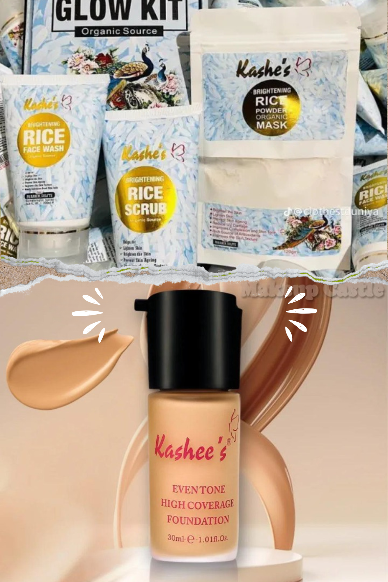 (pack of 4 ) Kashe's Rice Extract Bright +Kashees Foundation  &amp; Glow Kit ( Rice Face Wash + Rice Scrub + Rice Mask +Kashees Foundation  )