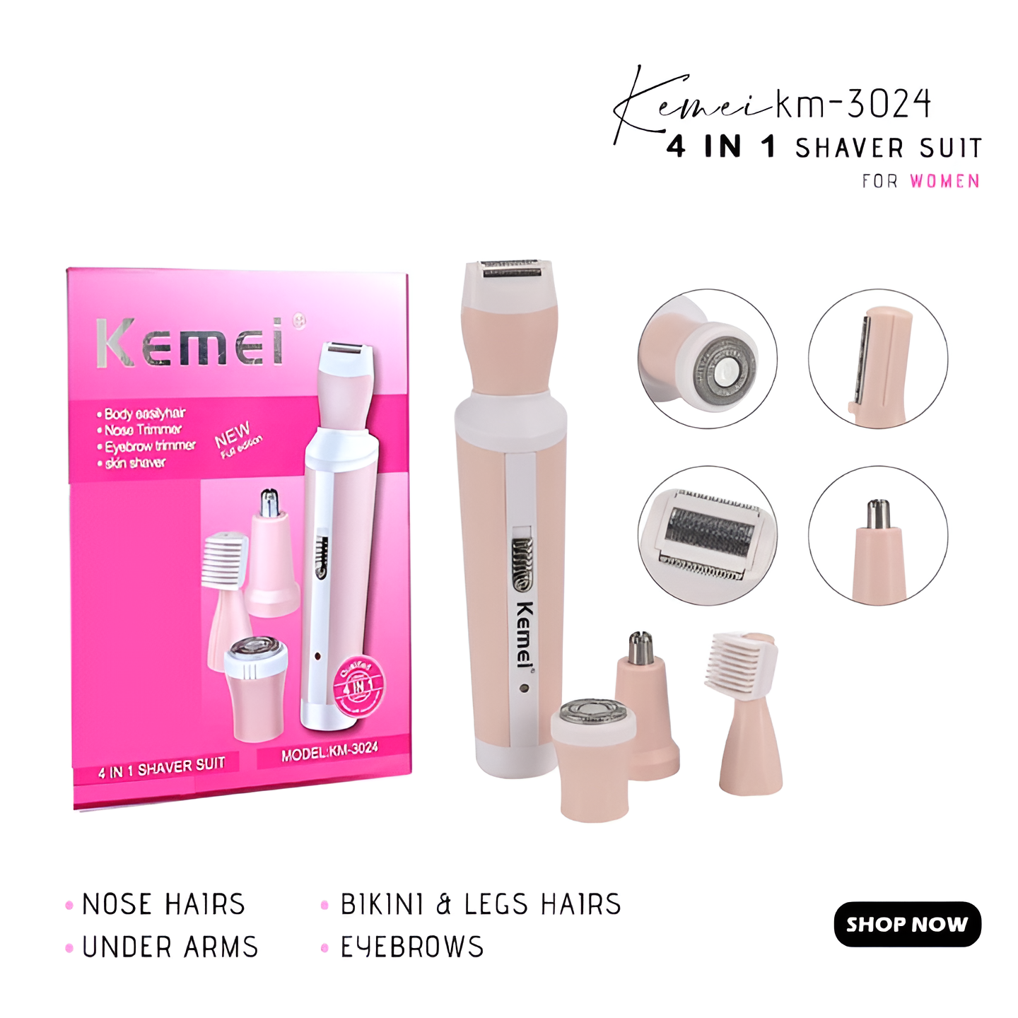 Kemei 4 in 1 Rechargeable Hair Remover Shaver Ladies epilator - KM-3024 (Random color)