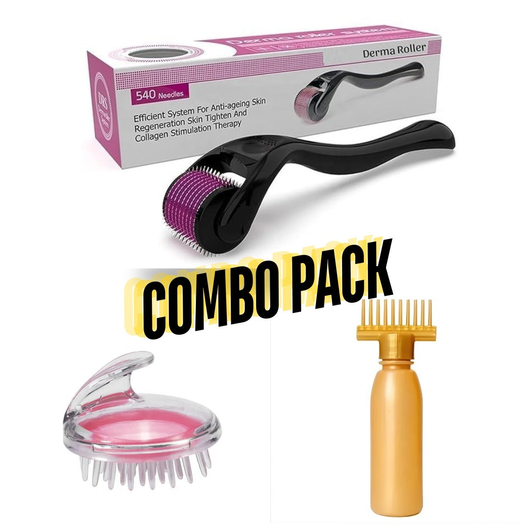 3 in 1 combo deal 1 Derma Roller (0.5mm) , Silicone Scalp Massage Brush , Oil Bottle