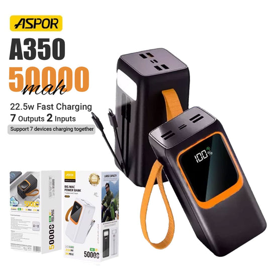 Aspor A350 50,000mAh - Fast Charging with Built-in Flashlight Power Bank for mobile and laptops  (Random color)