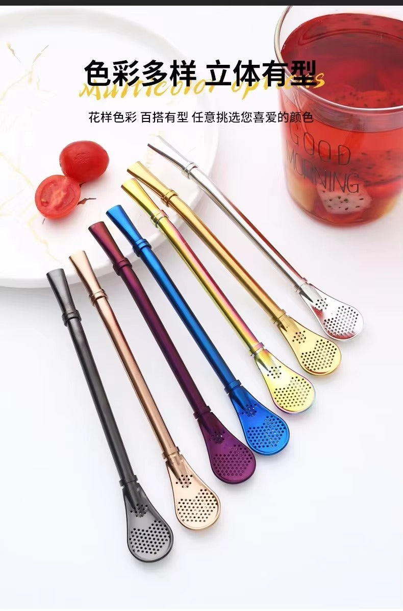 Pack Of 2 Spoon Straws stainless steel Drinking Straw Spoon Metal Stirrer (Random Color)