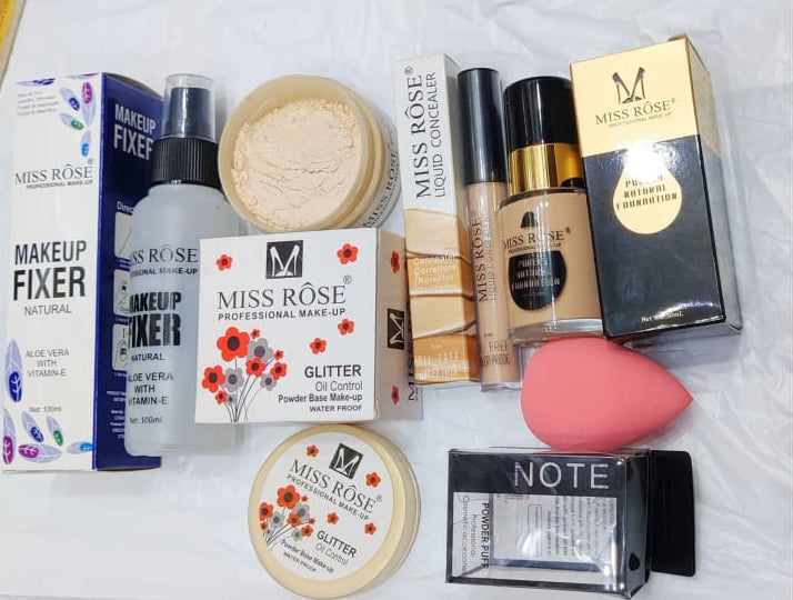 Miss Rose Deal of 05 –Foundation, concealer , Makeup Fixer , face powder , Blender puff  best deal for girls