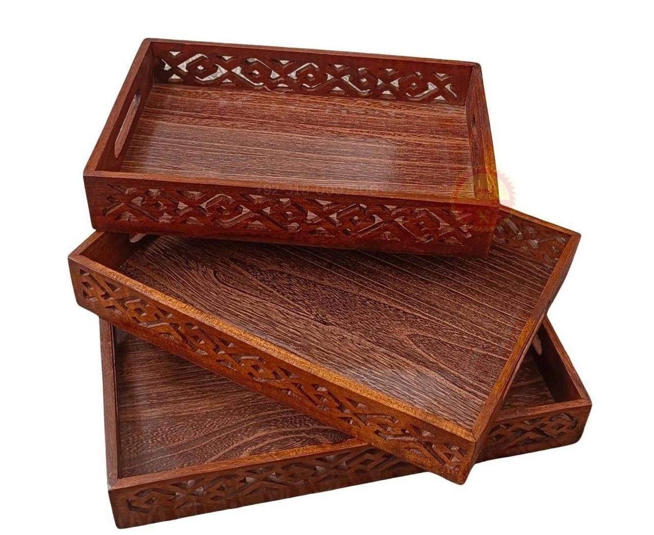 (pack of 3) Wooden Serving Tray Set with handles Wood Serving Trays for Tea Coffee Food Platter Household Kitchen Multipurpose Use