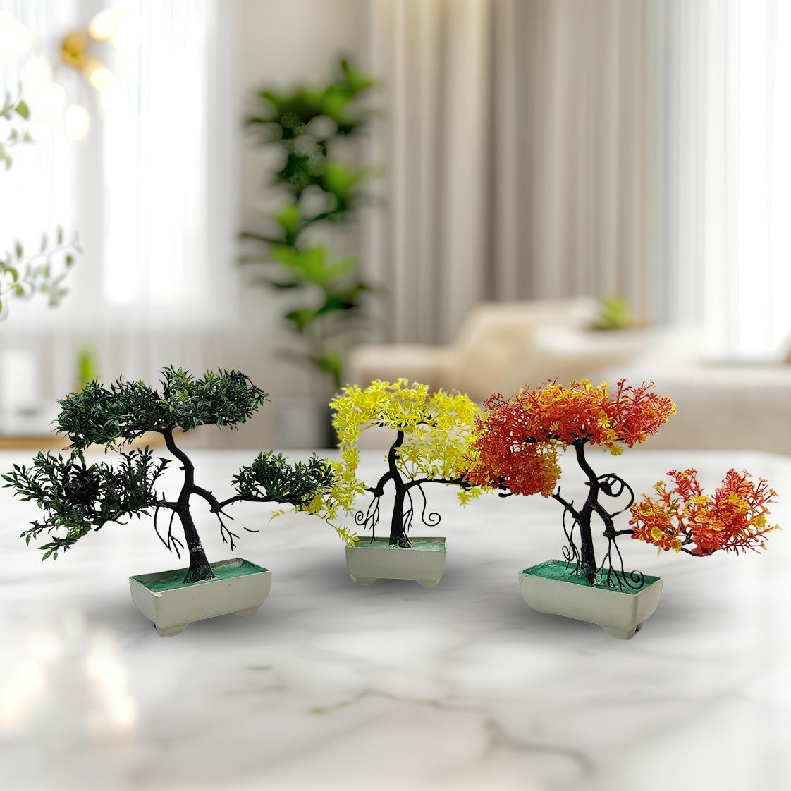 Pack Of 3 Bonsai Trees, ( Green, Yellow, Orange ) Room Decor Bonsai Tree for Home Bedroom Farmhouse Office Desk Decor, Artificial Bonsai Trees | Fake Pot | Best Artificial Pot