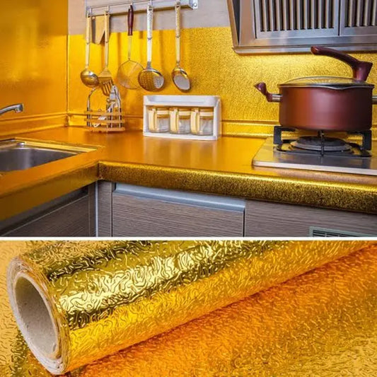 (Size: 45*2m) - Golden Foil Kitchen Wallpaper Stickers, Peel &amp; Stick Aluminum Foil Wall Paper, Self-Adhesive Oil Proof Waterproof Sticker for Kitchen