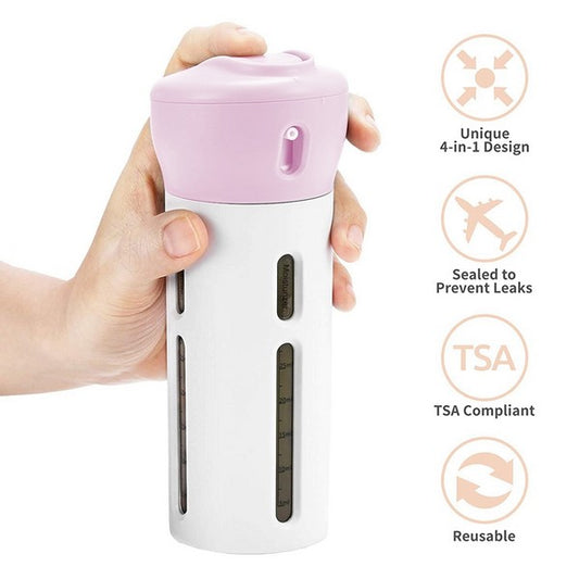 4-in-1 Refillable Travel Dispenser Set – Lotion, Shampoo, Sanitizer.